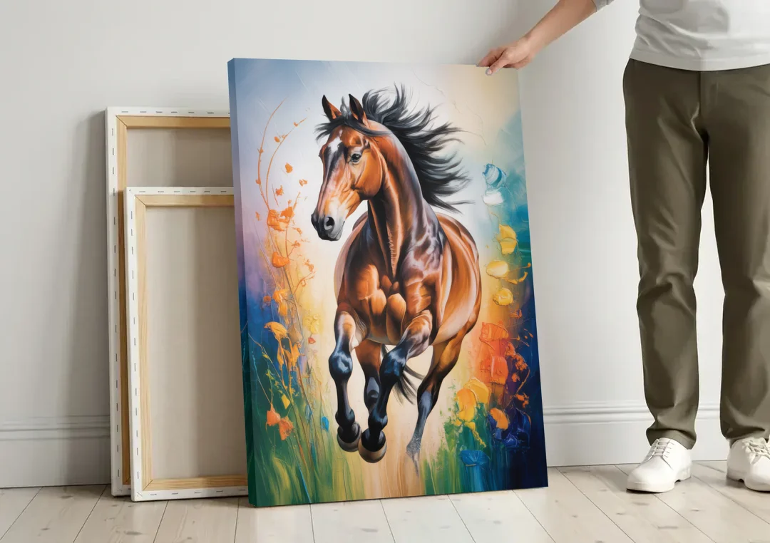 Delightful Horse Play canvas wall art leaning against a wall next to blank canvases
