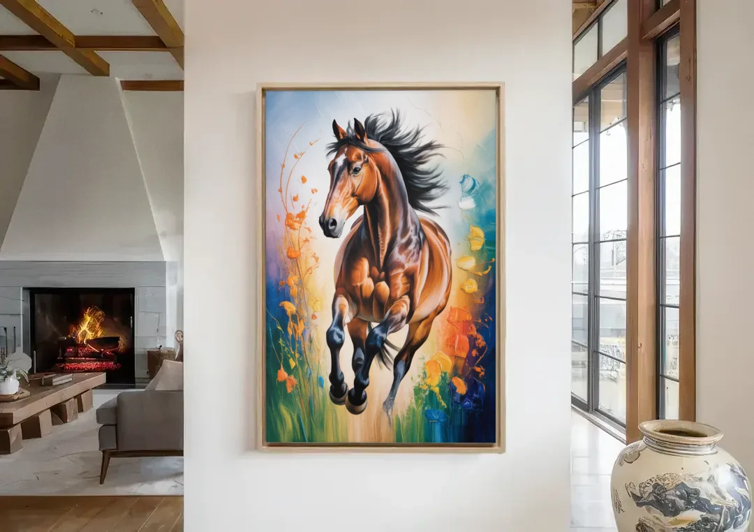 Delightful Horse Play canvas wall art in a living room with a fireplace