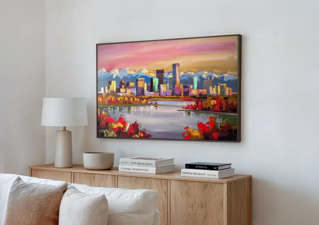 Denver Art Museum Highlights canvas wall art above a wooden sideboard next to a sofa