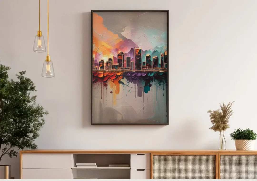 Denver Artistic Skyline canvas wall art above a wooden sideboard under pendant lights