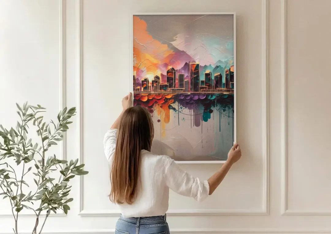 Denver Artistic Skyline canvas wall art being hung on a paneled wall