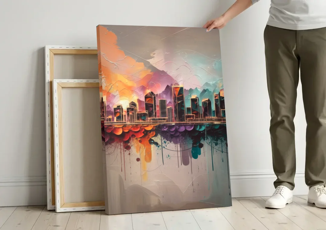 Denver Artistic Skyline canvas wall art leaning against a wall next to blank canvases