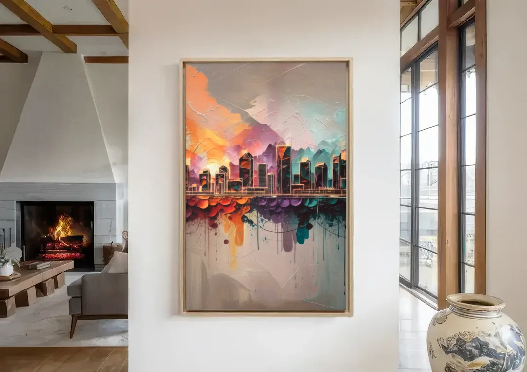 Denver Artistic Skyline canvas wall art in a living room with a fireplace