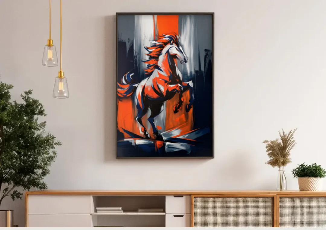 Denver Broncos Legacy canvas wall art above a wooden sideboard under pendant lights