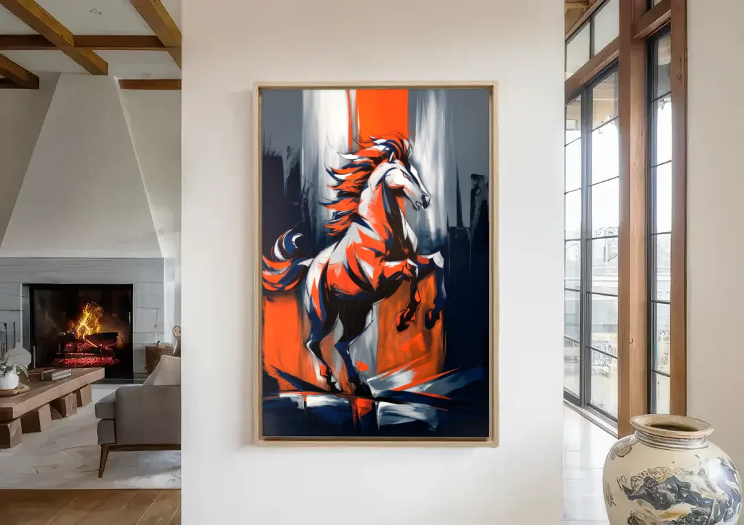 Denver Broncos Legacy canvas wall art in a living room with a fireplace