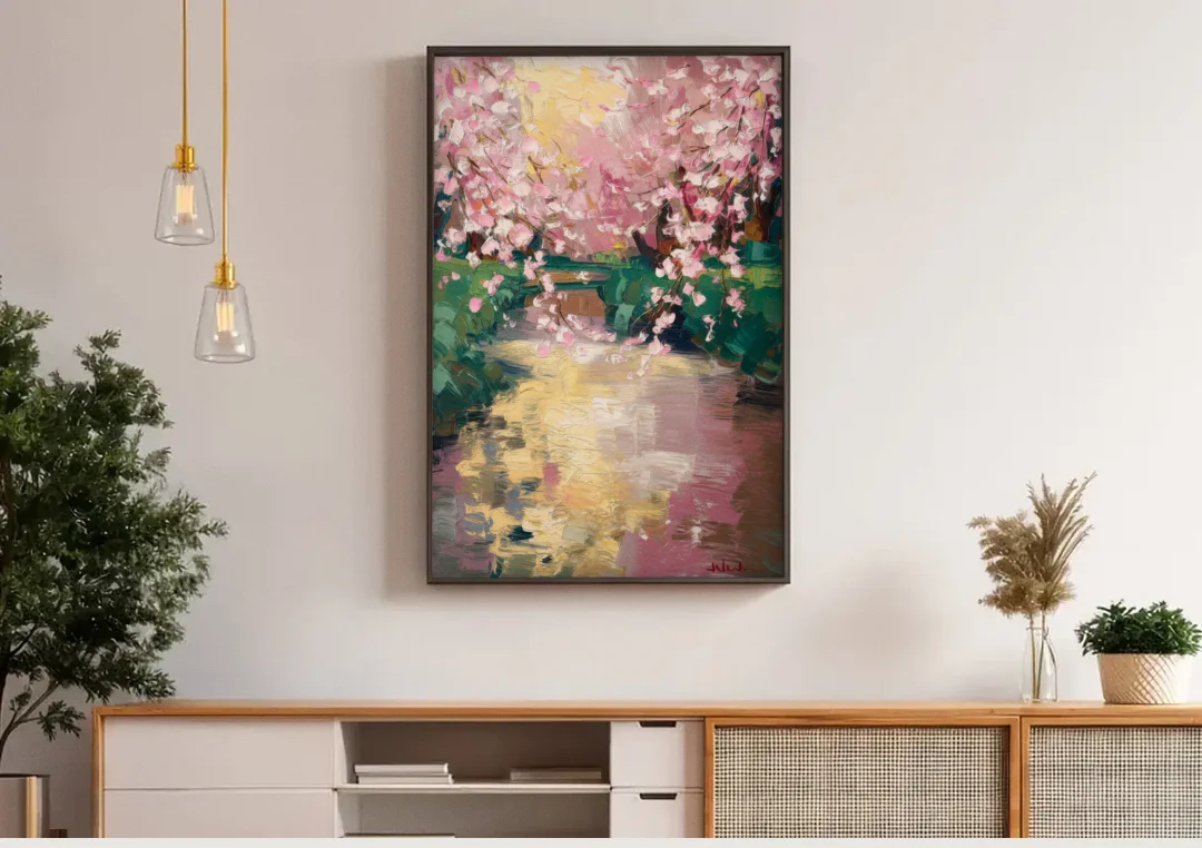 Denver Cherry Creek Charm canvas wall art above a wooden sideboard under pendant lights