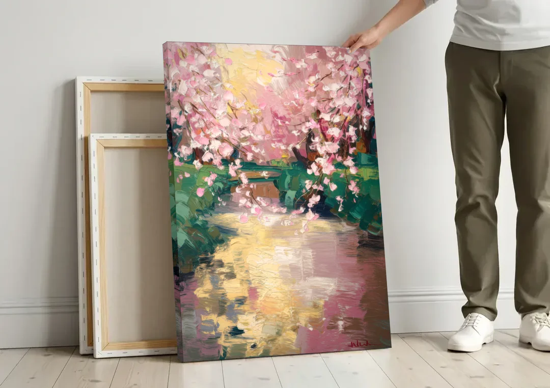 Denver Cherry Creek Charm canvas wall art leaning against a wall next to blank canvases