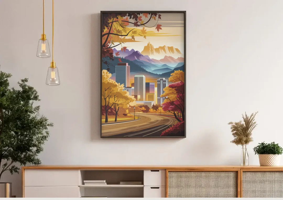 Denver Cityscape in Autumn canvas wall art above a wooden sideboard under pendant lights