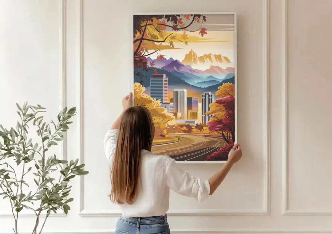 Denver Cityscape in Autumn canvas wall art being hung on a paneled wall