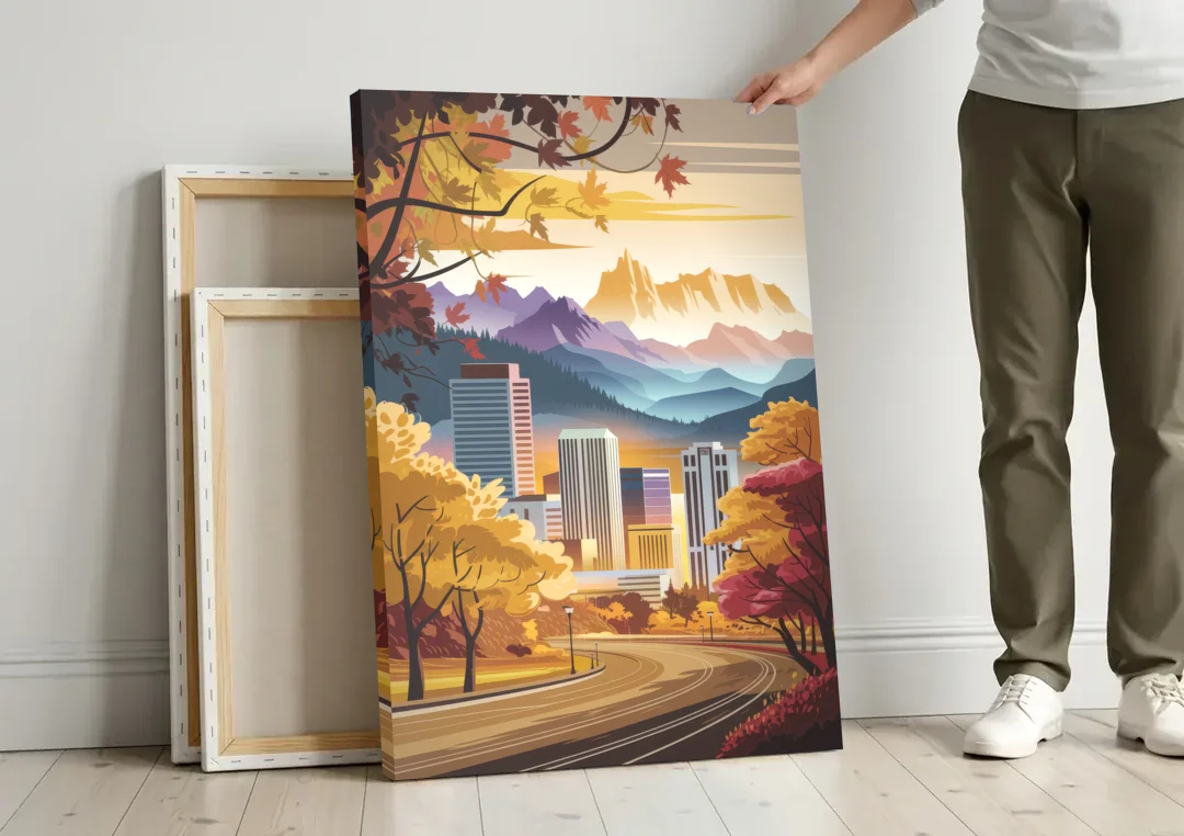 Denver Cityscape in Autumn canvas wall art leaning against a wall next to blank canvases