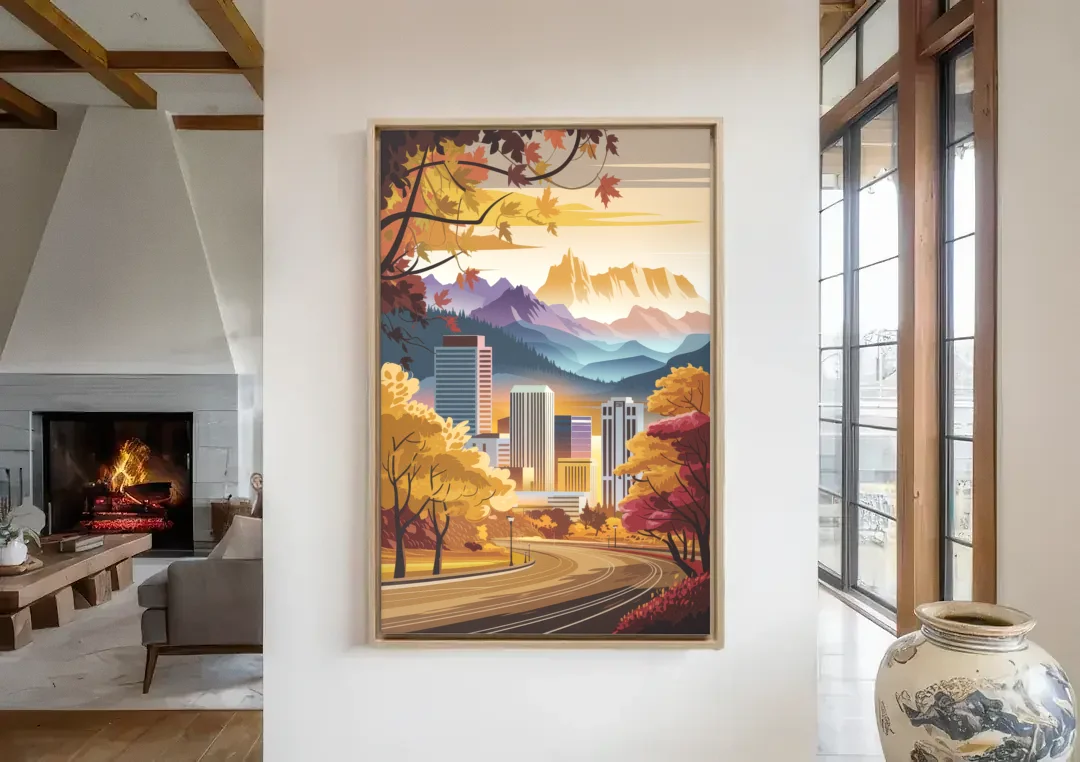 Denver Cityscape in Autumn canvas wall art in a living room with a fireplace