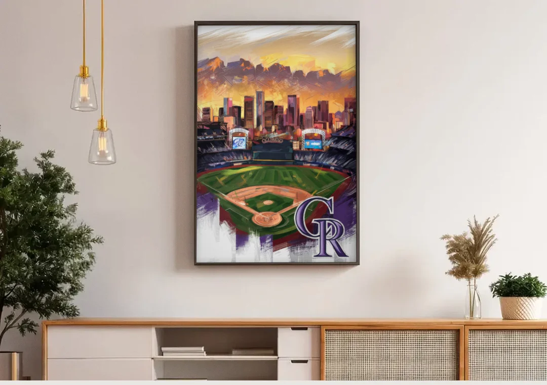 Denver Colorado Rockies canvas wall art above a wooden sideboard under pendant lights