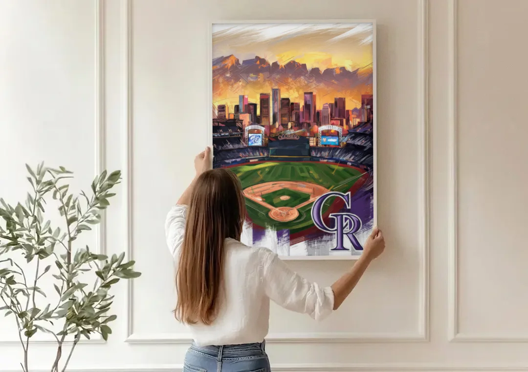 Denver Colorado Rockies canvas wall art being hung on a paneled wall