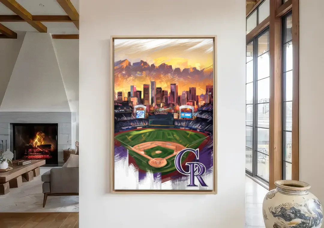 Denver Colorado Rockies canvas wall art in a living room with a fireplace