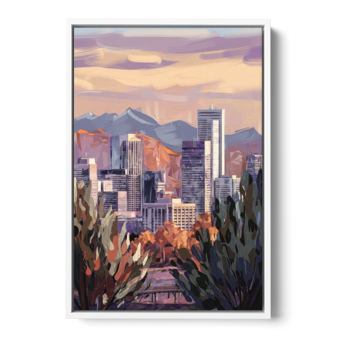 Denver Downtown Panorama - White Framed Canvas Wall Art - Front