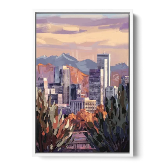 Denver Downtown Panorama - White Framed Canvas Wall Art - Front