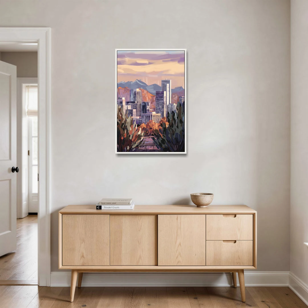 Denver Downtown Panorama - White Framed Canvas Wall Art - Coffee Table - 24x36