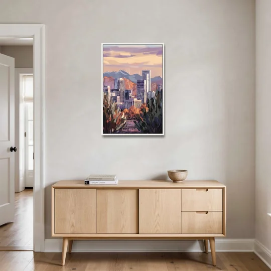 Denver Downtown Panorama - White Framed Canvas Wall Art - Coffee Table - 24x36