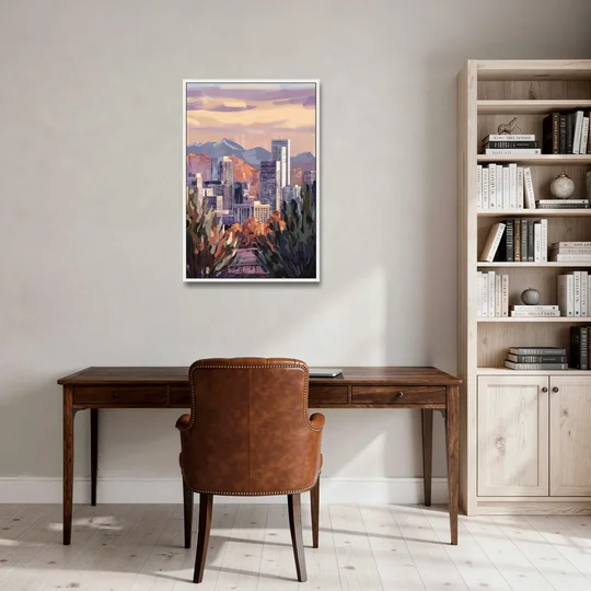 Denver Downtown Panorama - White Framed Canvas Wall Art - Office - 24x36