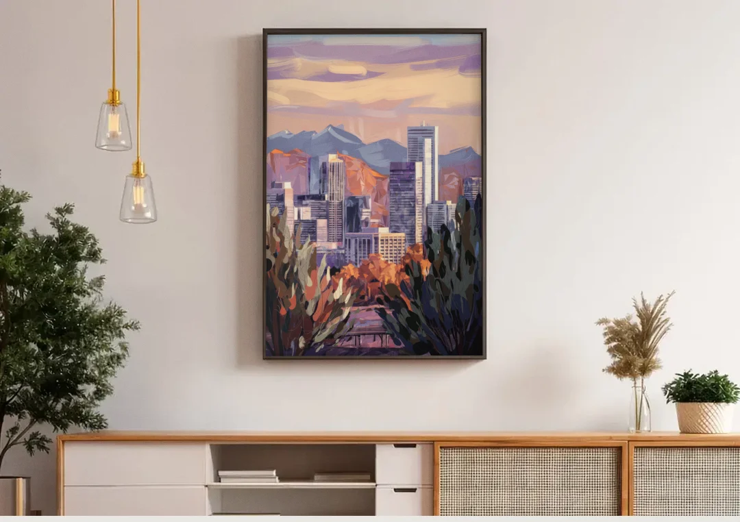Denver Downtown Panorama canvas wall art above a wooden sideboard under pendant lights