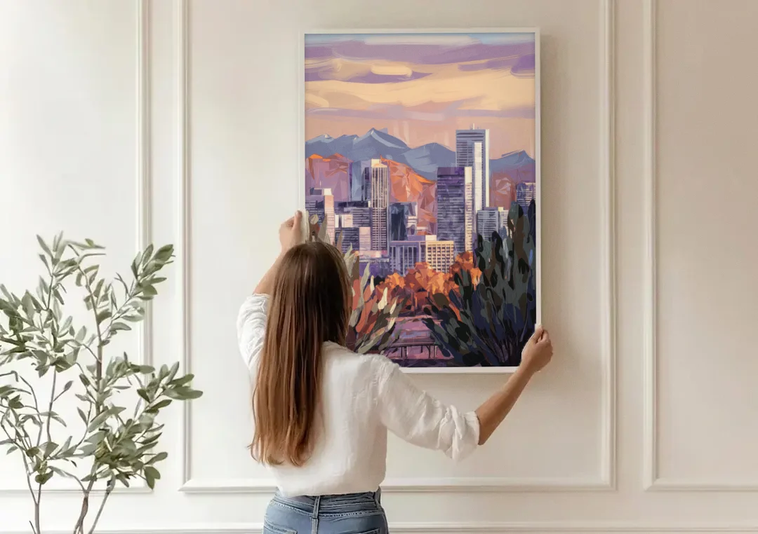Denver Downtown Panorama canvas wall art being hung on a paneled wall