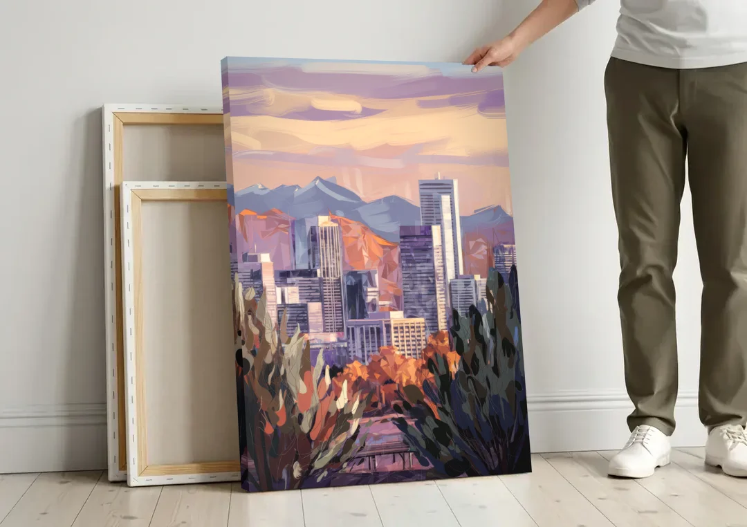 Denver Downtown Panorama canvas wall art leaning against a wall next to blank canvases