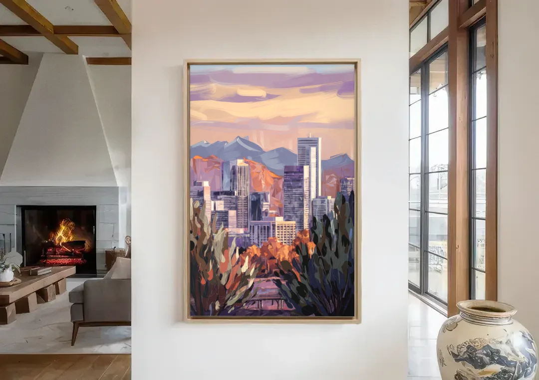 Denver Downtown Panorama canvas wall art in a living room with a fireplace