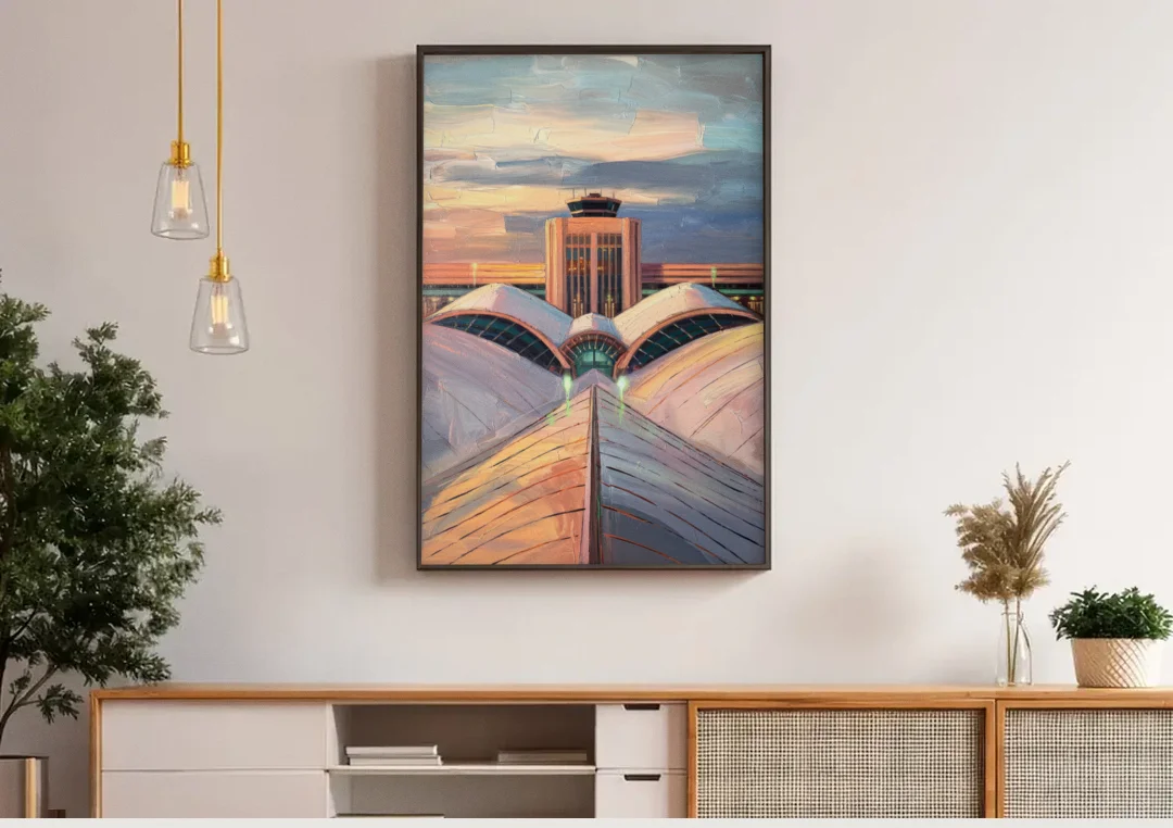 Denver International Terminal canvas wall art above a wooden sideboard under pendant lights