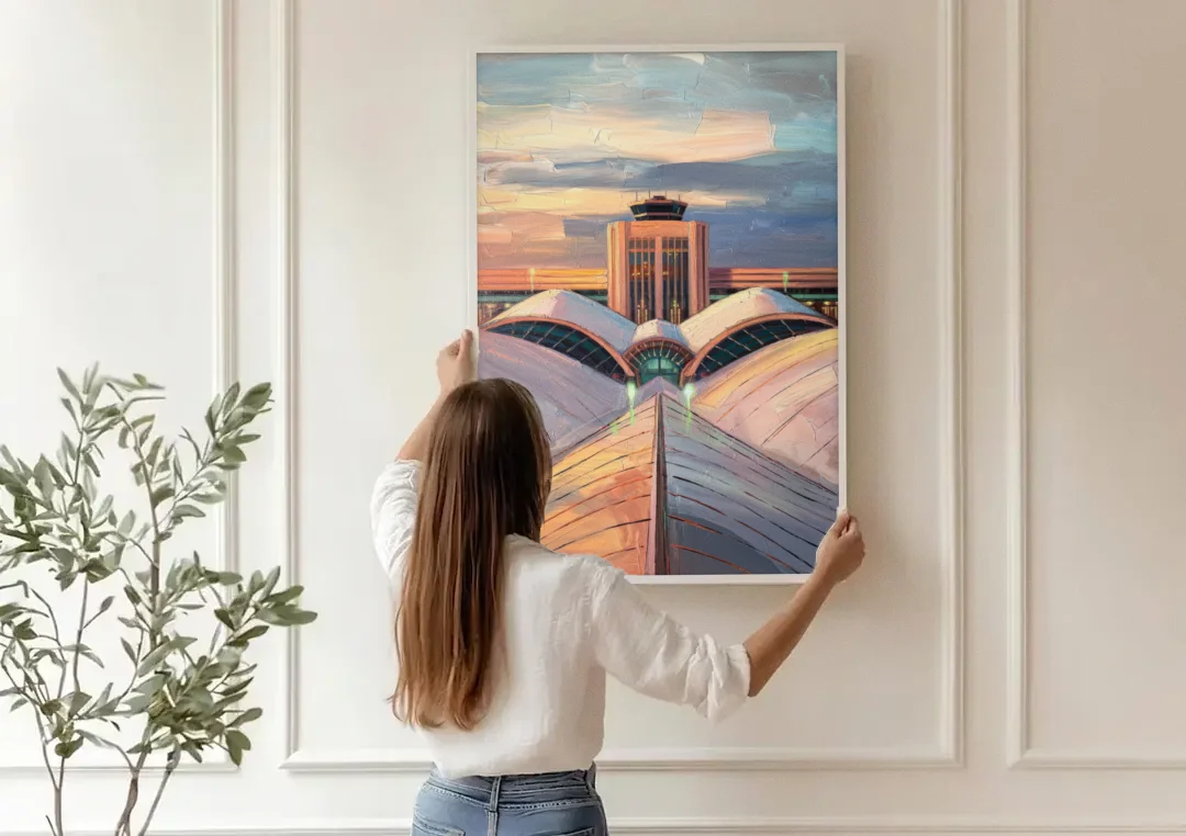 Denver International Terminal canvas wall art being hung on a paneled wall