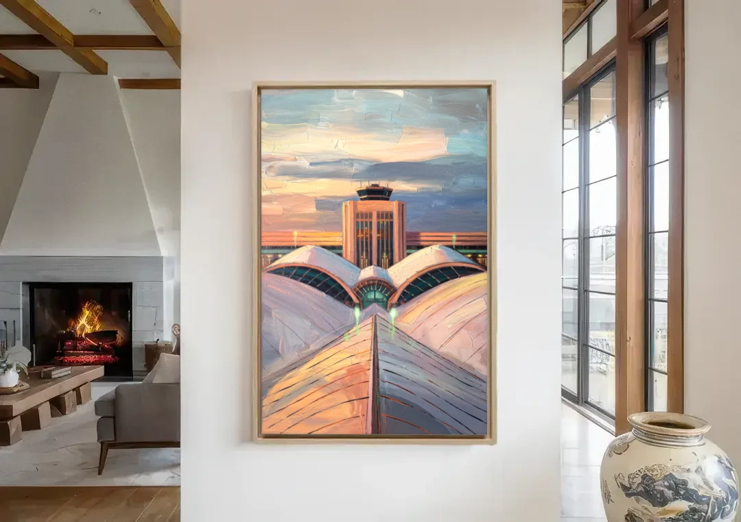 Denver International Terminal canvas wall art in a living room with a fireplace