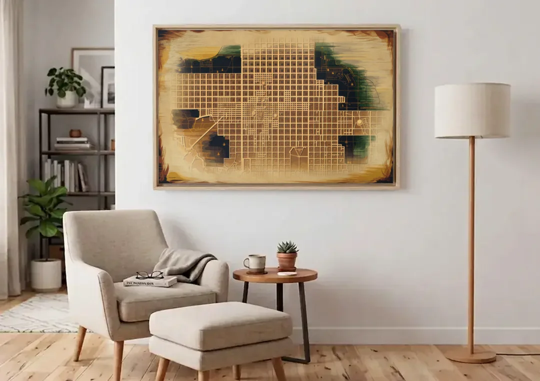 Denver Neighborhood Map canvas wall art above an armchair in a bright living room