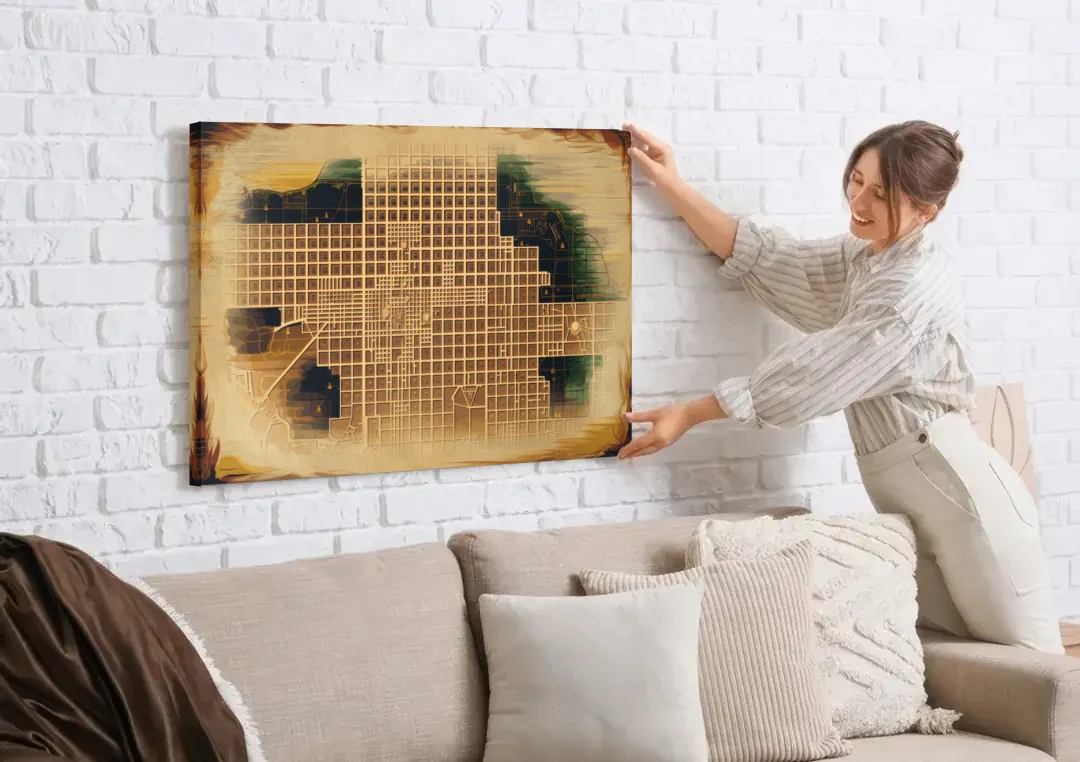 Denver Neighborhood Map canvas wall art being hung on a white brick wall above a sofa