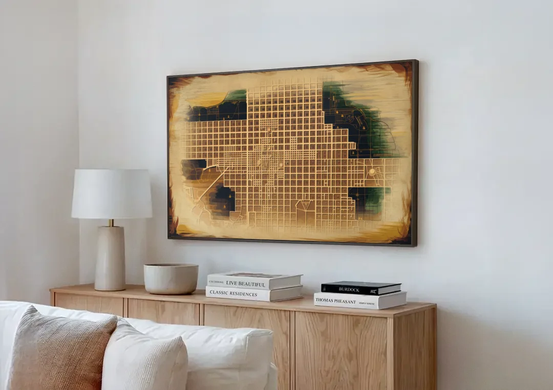Denver Neighborhood Map canvas wall art above a wooden sideboard next to a sofa