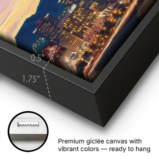 Denver Skyline At Dusk - Black Framed Canvas Wall Art - Gallery Wrap Corner