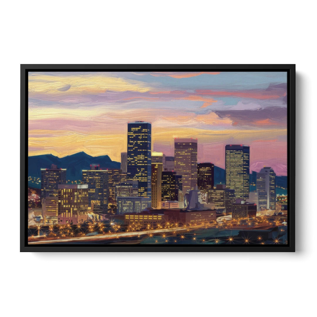 Denver Skyline At Dusk - Black Framed Canvas Wall Art - Front