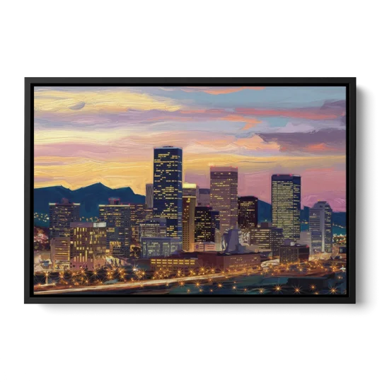 Denver Skyline At Dusk - Black Framed Canvas Wall Art - Front