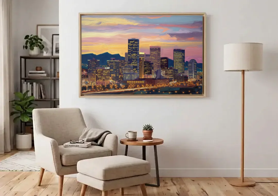 Denver Skyline At Dusk canvas wall art above an armchair in a bright living room