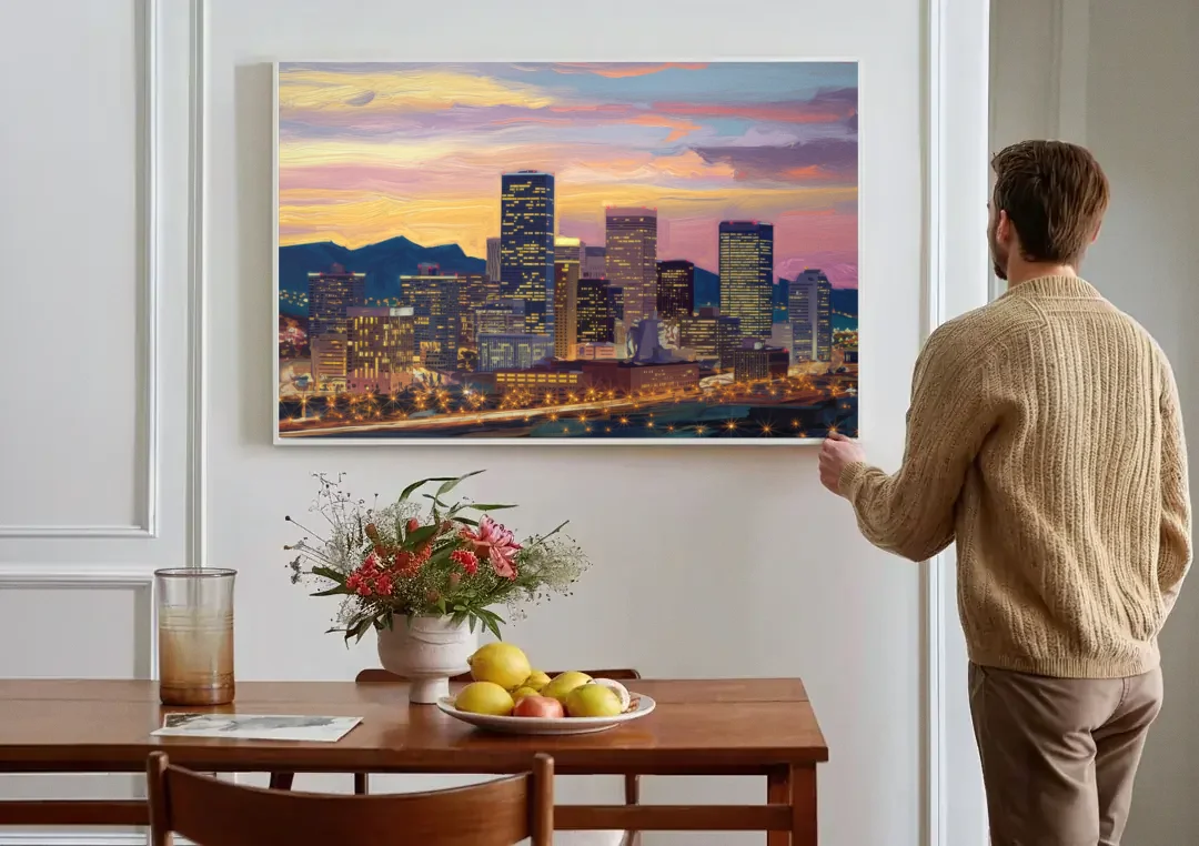 Denver Skyline At Dusk canvas wall art above a dining table