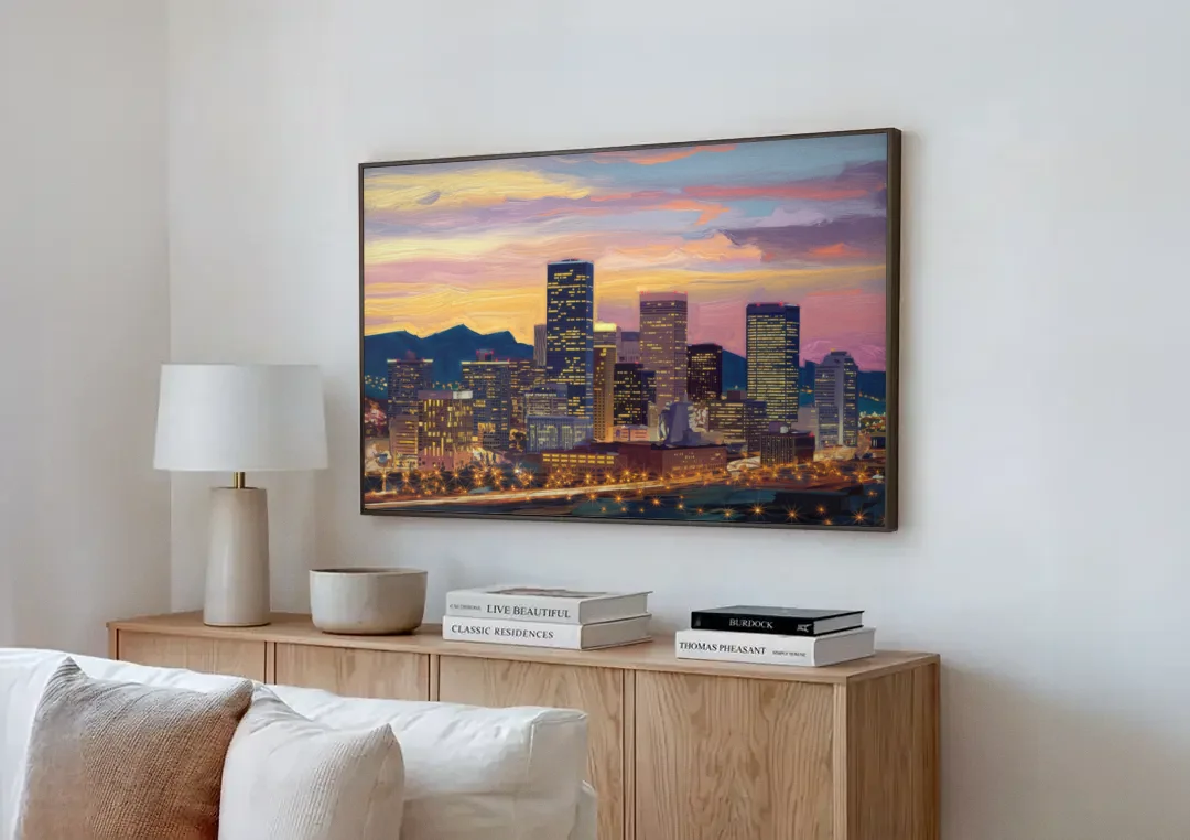 Denver Skyline At Dusk canvas wall art above a wooden sideboard next to a sofa