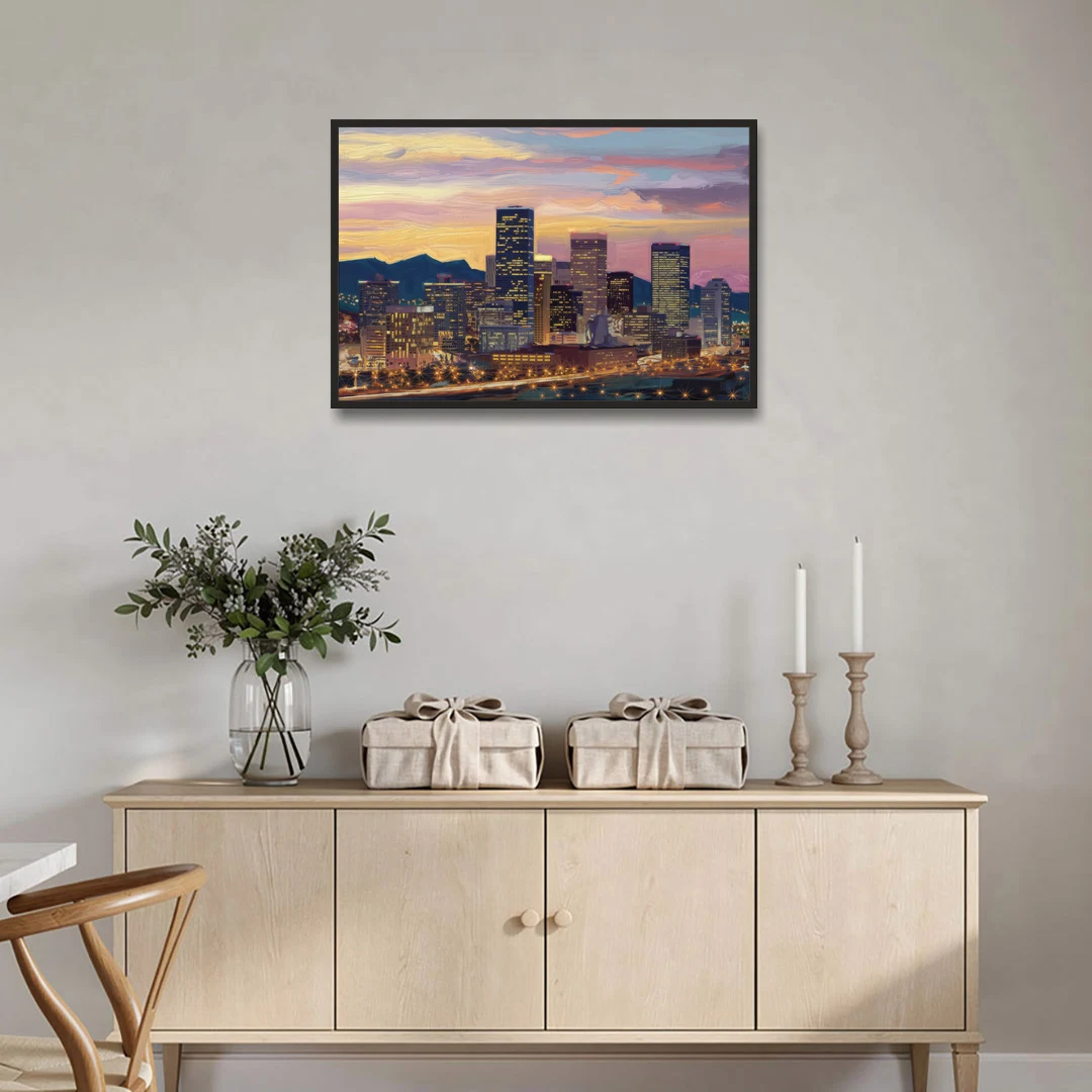 Denver Skyline At Dusk - Black Framed Canvas Wall Art - Coffee Table - 36x24