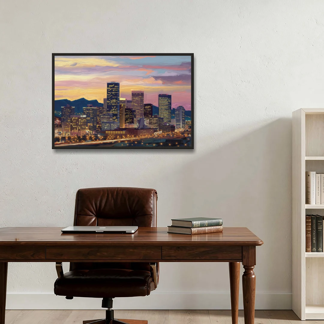 Denver Skyline At Dusk - Black Framed Canvas Wall Art - Office - 36x24