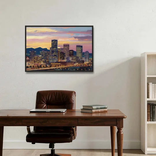 Denver Skyline At Dusk - Black Framed Canvas Wall Art - Office - 36x24