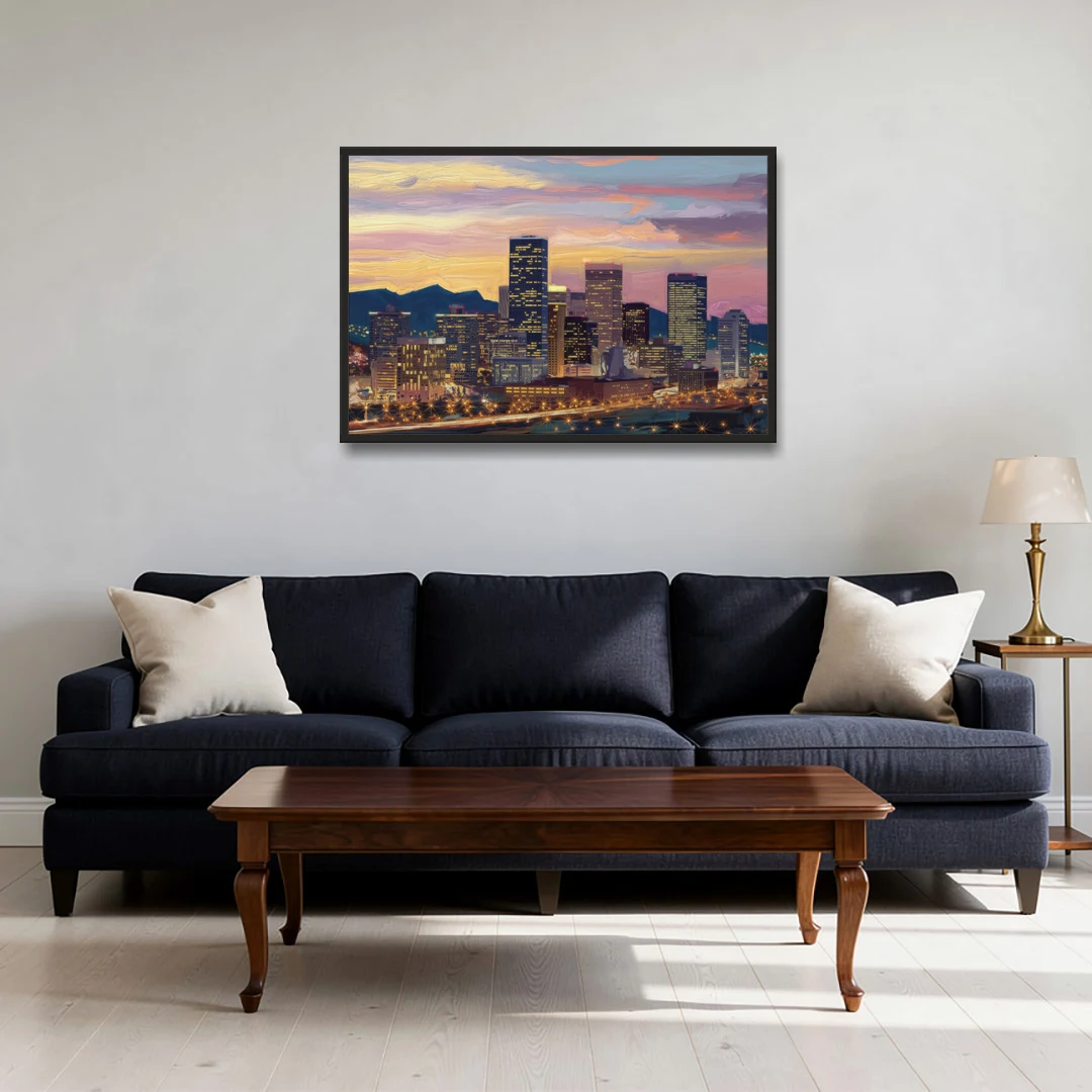 Denver Skyline At Dusk - Black Framed Canvas Wall Art - Sofa - 36x24