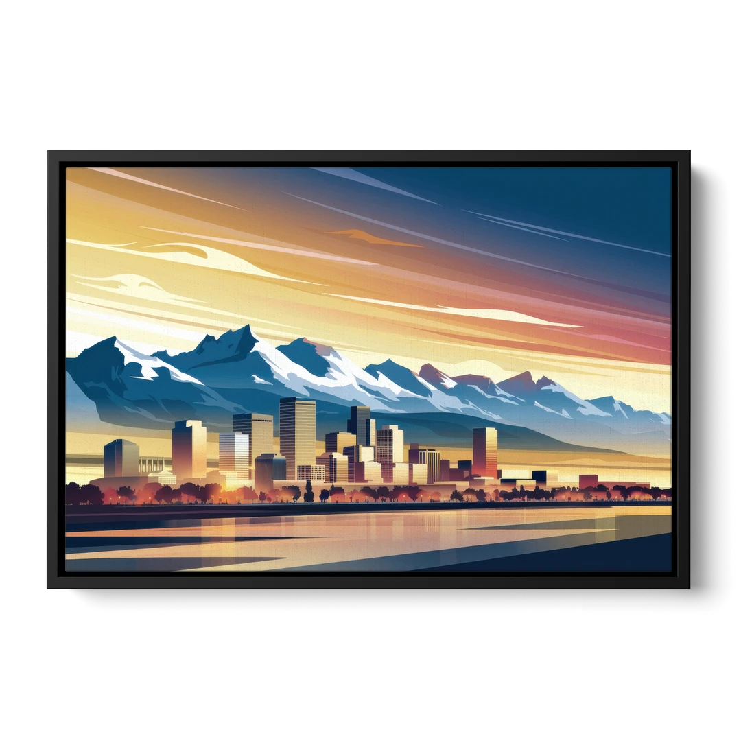 Denver Sunset Over Rockies - Black Framed Canvas Wall Art - Front
