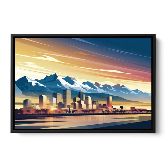 Denver Sunset Over Rockies - Black Framed Canvas Wall Art - Front