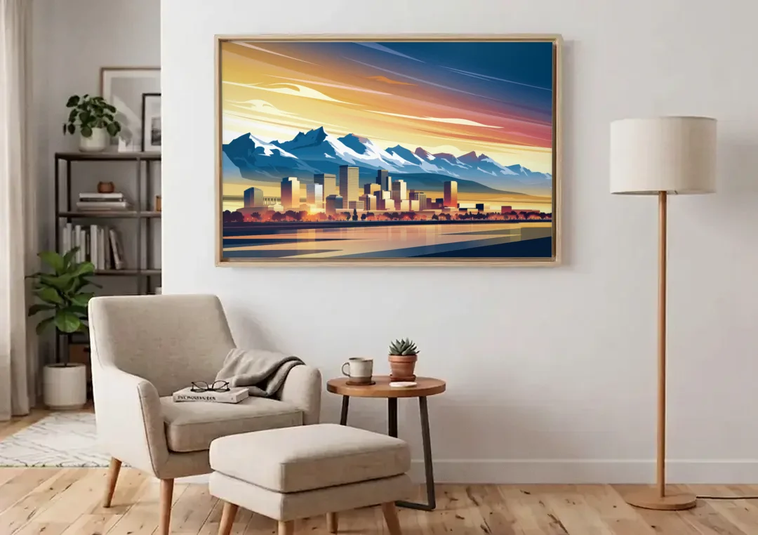 Denver Sunset Over Rockies canvas wall art above an armchair in a bright living room