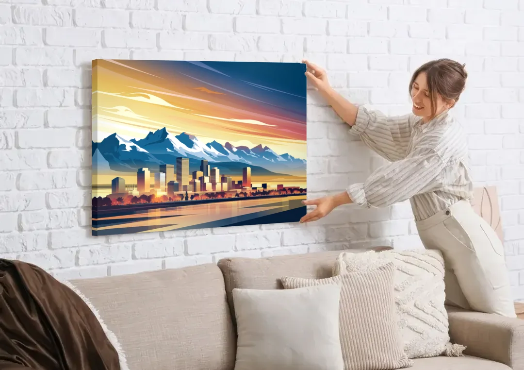 Denver Sunset Over Rockies canvas wall art being hung on a white brick wall above a sofa