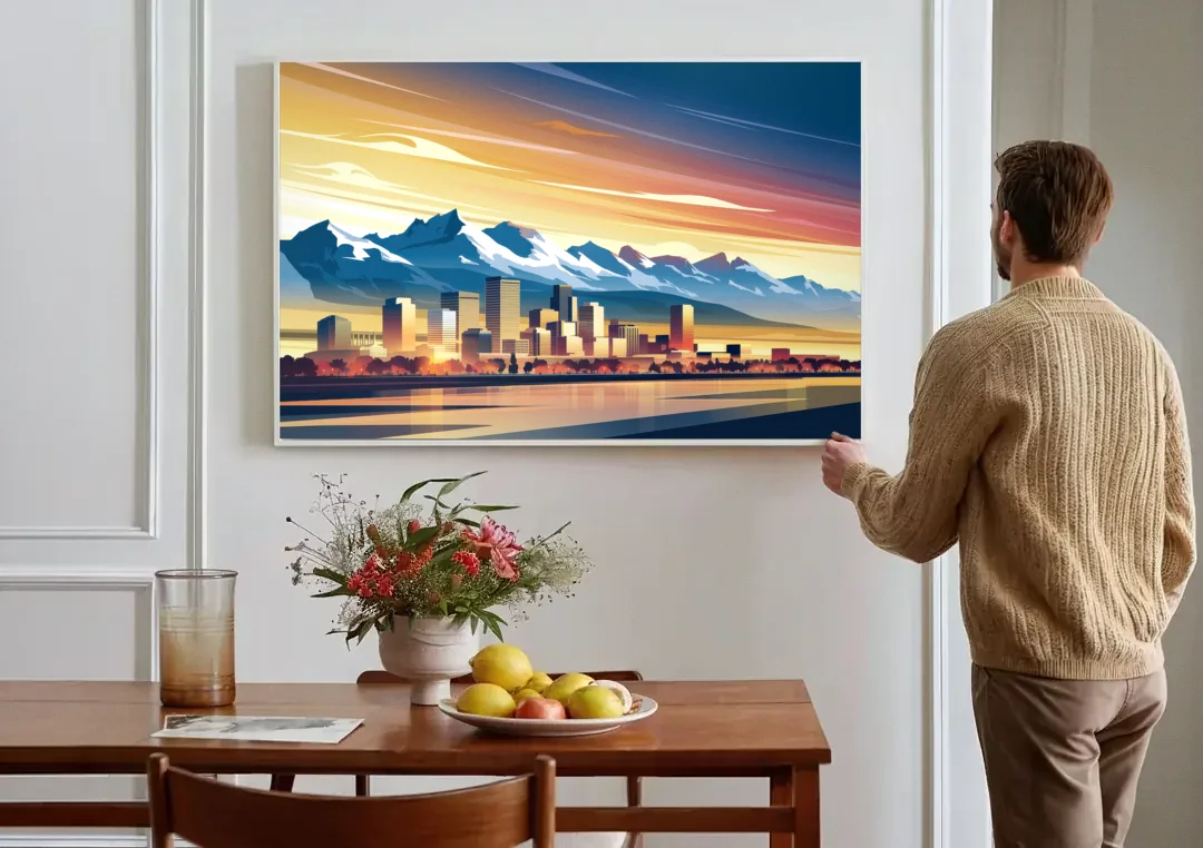 Denver Sunset Over Rockies canvas wall art above a dining table
