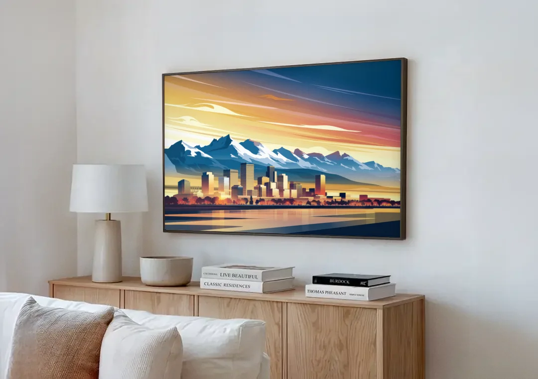 Denver Sunset Over Rockies canvas wall art above a wooden sideboard next to a sofa