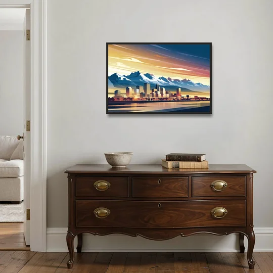Denver Sunset Over Rockies - Black Framed Canvas Wall Art - Coffee Table - 36x24